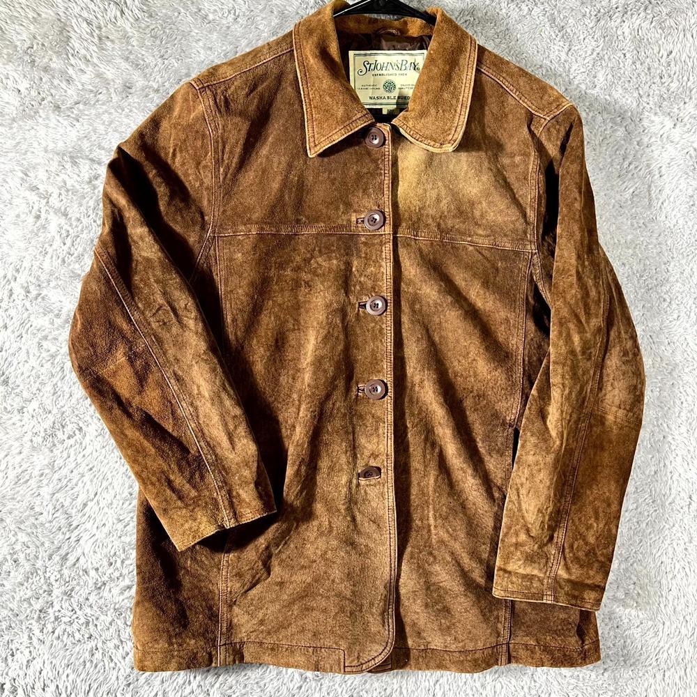 St John's Bay Jacket Womens L Petite Brown Washable Suede Classic Button Front